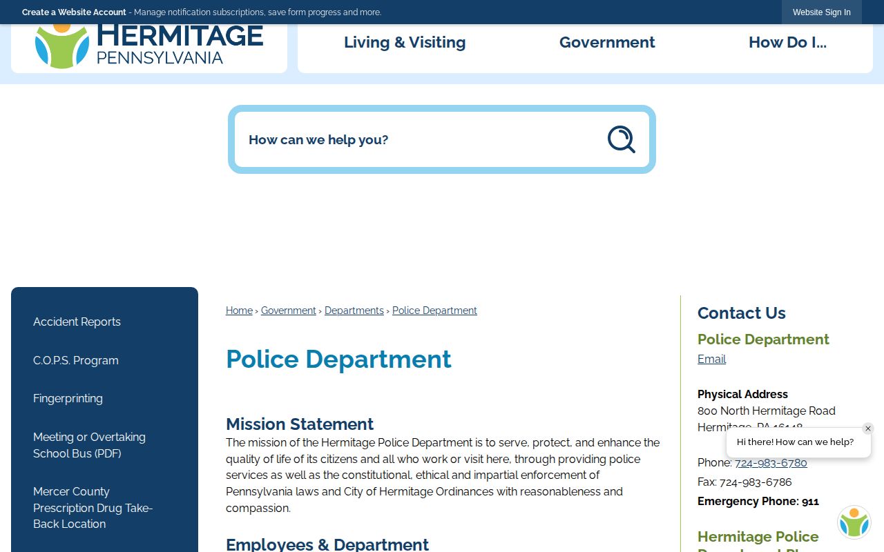 Mercer County Hermitage Police arrest-record contact page