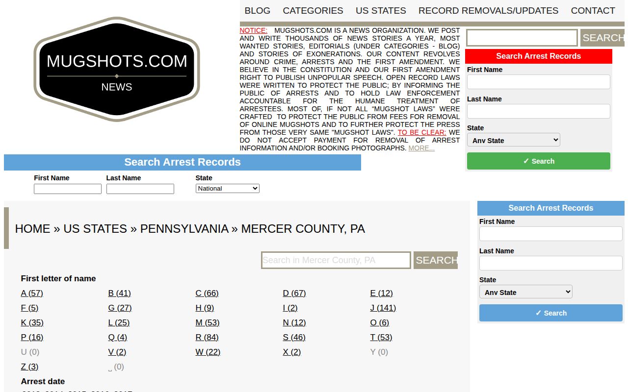 Mercer County historical mugshot archive page showing an unofficial third-party record source