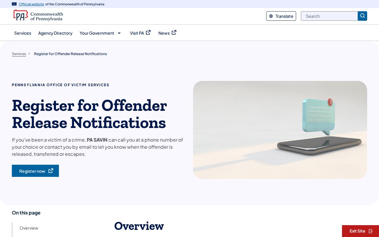 Mercer County custody notification record option on Pennsylvania SAVIN